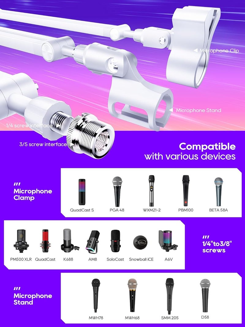 CACENCAN ذراع ميكروفون منخفضة الارتفاع، ذراع ميكروفون دوار 360° لميكروفونات Fifine AM8 K669B Blue Yeti HyperX shure sm7b SoloCast AT2020، مع مشبك ميكروفون 3/8" إلى 5/8"، أبيض - Image 5